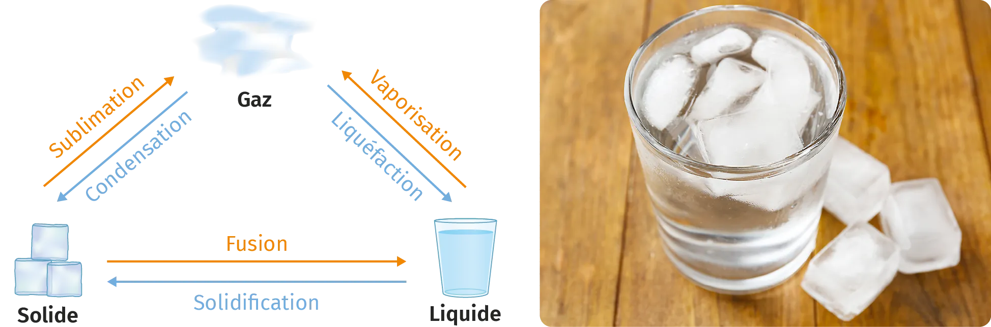 Schéma des états de l'eau et transitions, verre avec glaçons à droite.