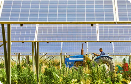 Panneaux solaires au-dessus d'un champ, tracteur et agriculteur en dessous. Énergie renouvelable et agriculture.