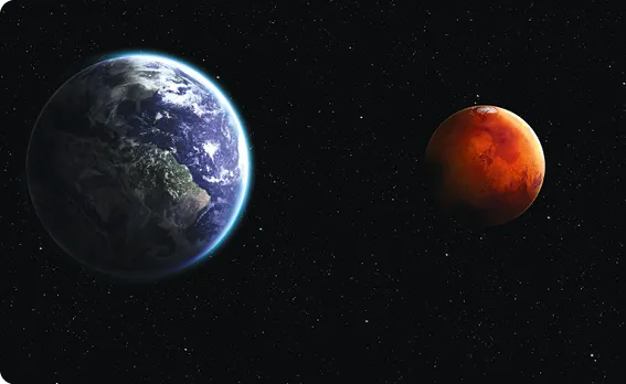 Représentation des planètes Terre et Mars à l'échelle