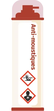 Spray anti-moustiques, fond blanc, pictogrammes danger et inflammable.