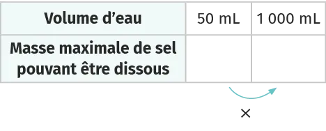 Tableau avec 2 colonnes: volume d'eau (50 mL, 1 000 mL) et masse de sel dissous. Flèche indique croissance.