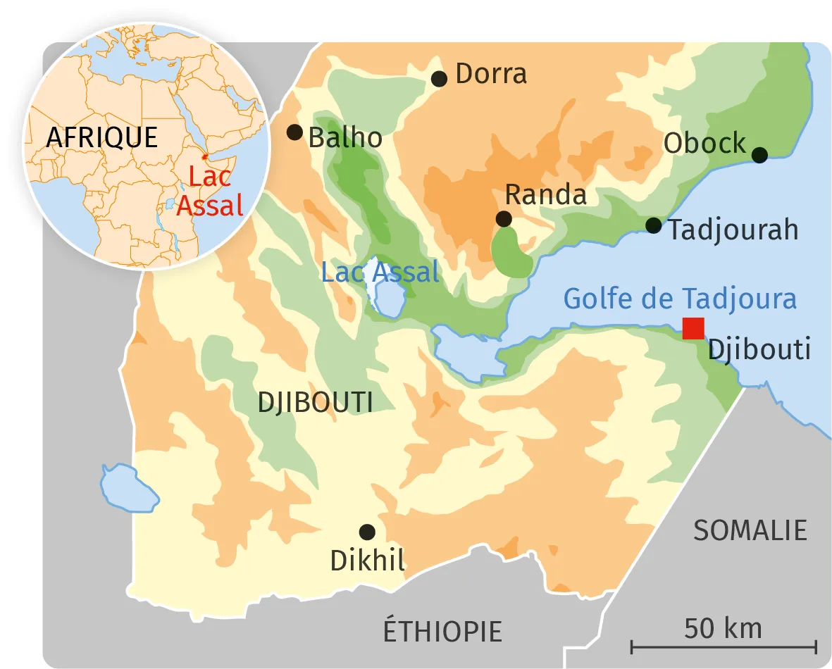 Carte de Djibouti avec villes, Lac Assal, relief et frontières.