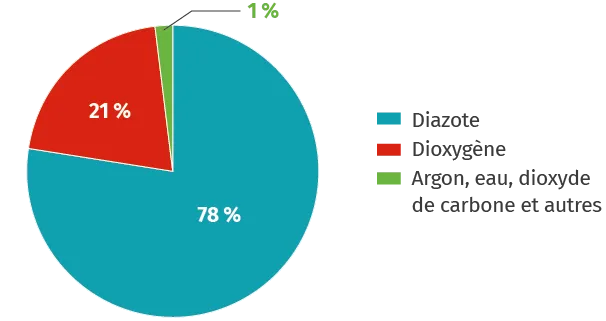 Graphique en camembert: diazote 78%, dioxygène 21%, autres gaz 1%.