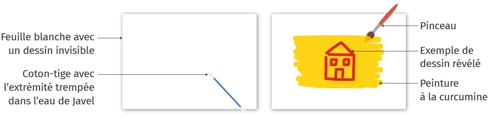 Schéma de révélation d'un dessin invisible avec eau de Javel et peinture à la curcumine.