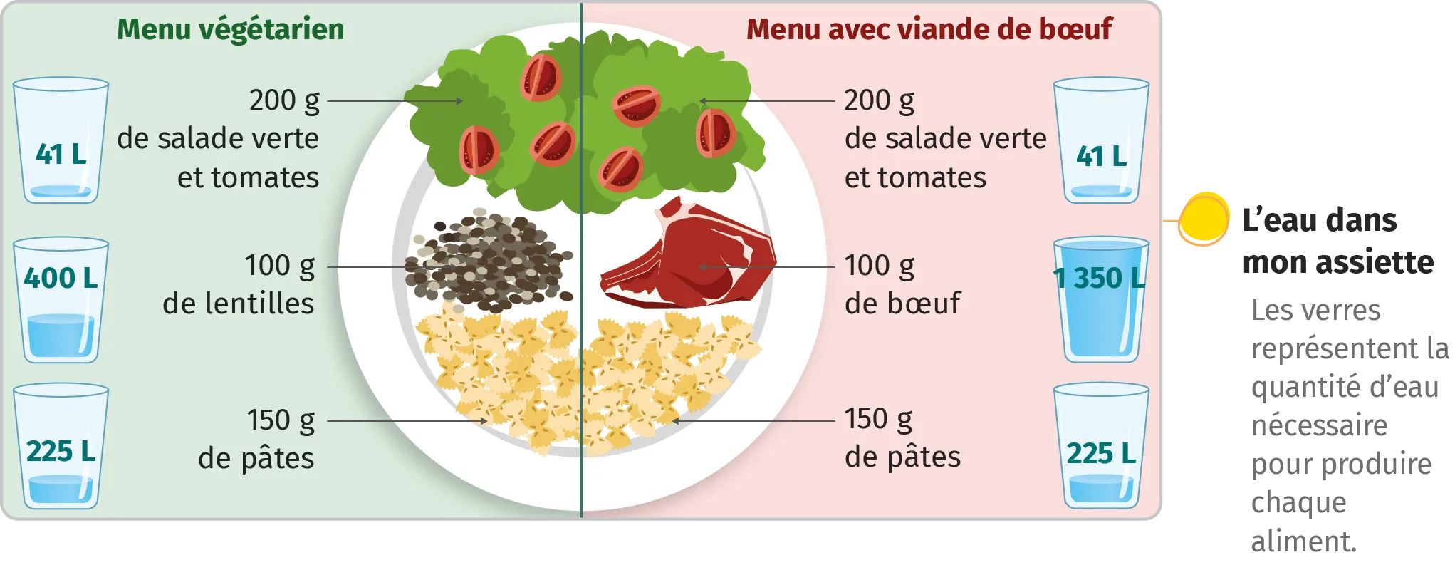 Infographie représentant la quantité d'eau nécessaire pour produire chaque aliment