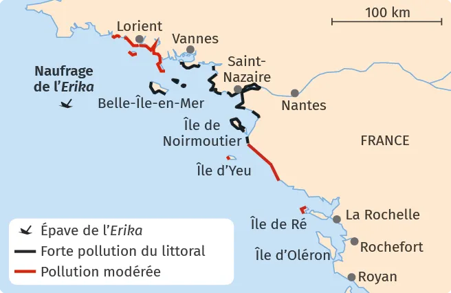 Carte de France, pollution littorale de l'Erika, zones marquées près de Nantes.