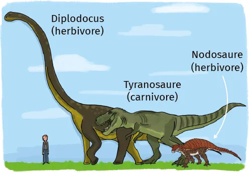 Dinosaures: Diplodocus, T.rex, Nodosaurus, et un humain pour échelle.