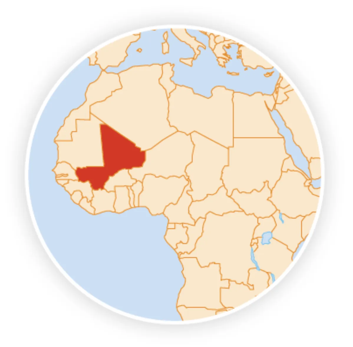 Carte du continent africain centré sur le mali