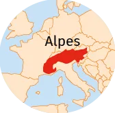 Carte simplifiée montrant les Alpes en rouge sur fond de carte de l'Europe.