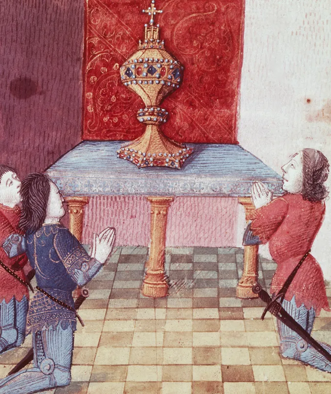 3. Le Graal et les chevaliers. Evrard d'Espinques, Galaad, Bohort et Perceval en prière devant le Graal, enluminure, vers 1470.