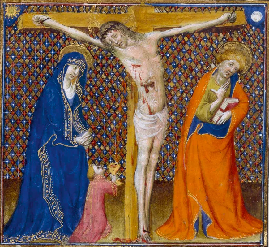 Joseph d'Arimathie recueillant le sang du Christ, enluminure, XVe siècle.