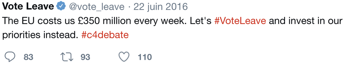 Tweet from the official Vote Leave campaign twitter account the day before the Brexit referendum.