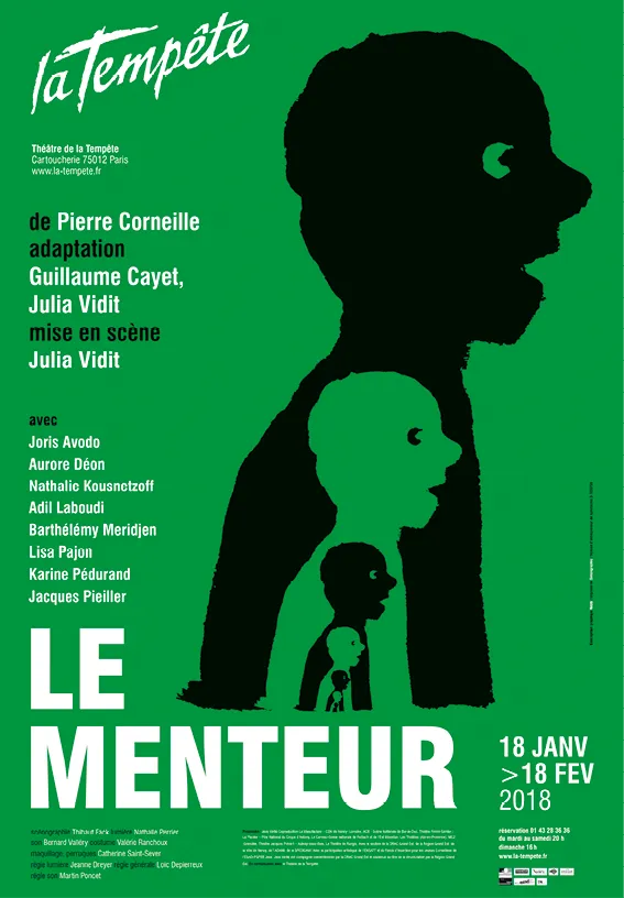 Affiche du Menteur, mise en scène
de Julia Vidit, Théâtre de la Tempête,
Paris, 2018, graphisme de Néjib.