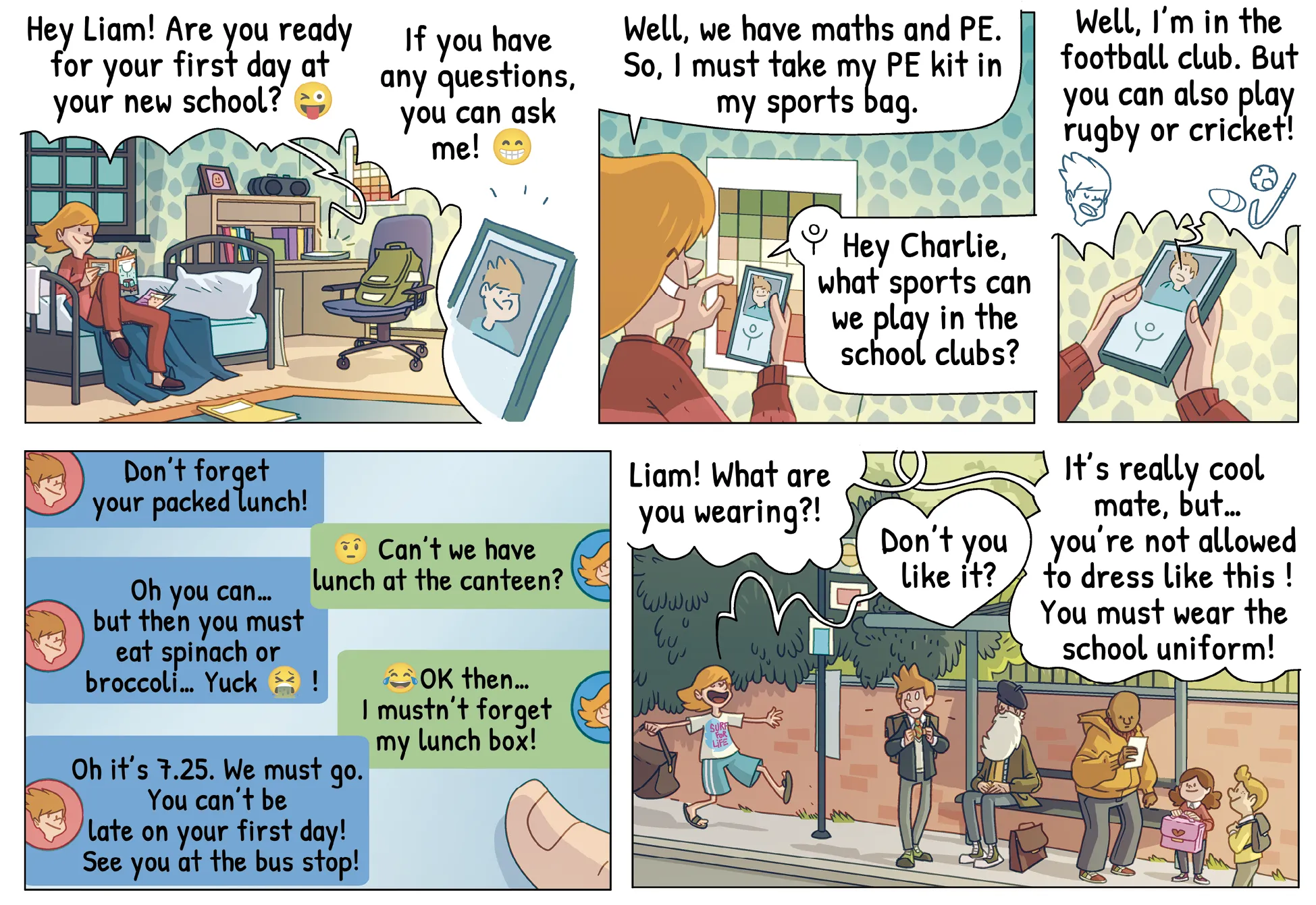 comic page about Liam's first day of school