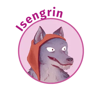 Illustration : portrait amusé d'Isengrin, loup anthropomorphe à capuche rouge.