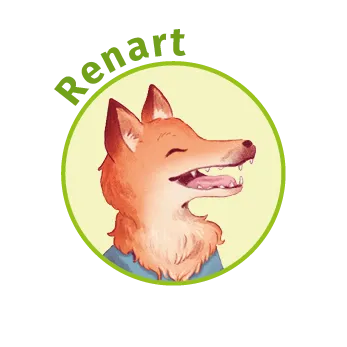 Illustration numérique de Renart, un renard souriant en style dessin animé.