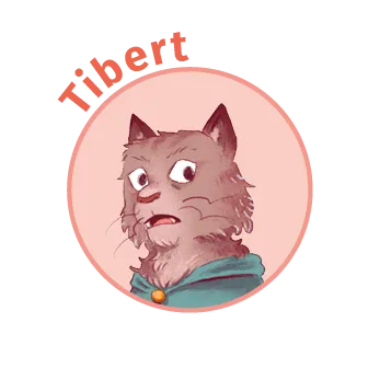 Illustration : Tibert, chat brun surpris, cape bleue.