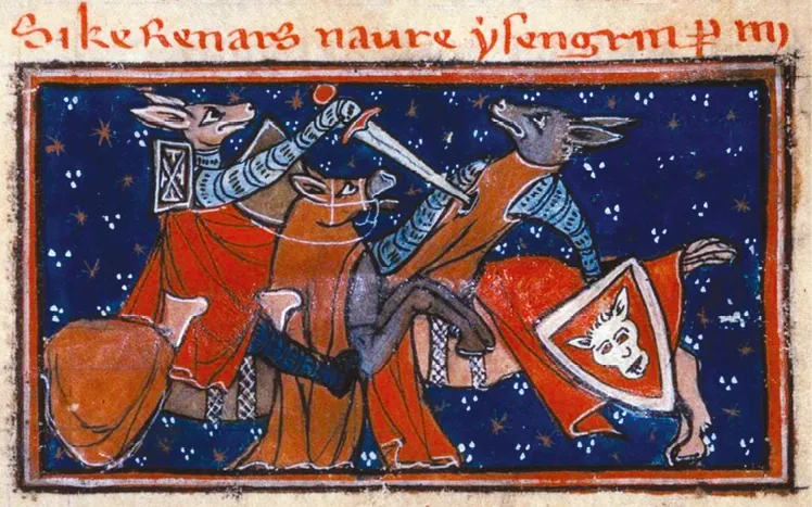 Miniature médiévale : deux renards chevaliers s'affrontent au combat, armés d'épées, sous un ciel étoilé.