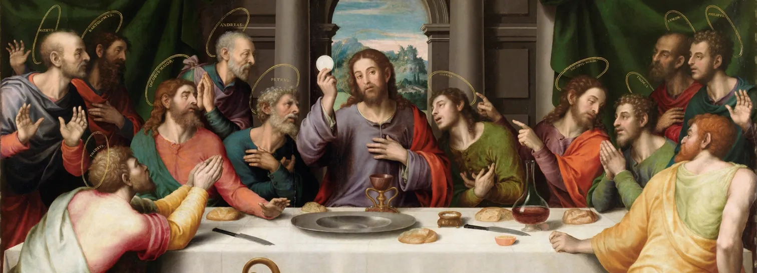 Peinture de Juan de Juanes, La Cène (1562). Jésus partage le pain avec ses apôtres lors de la dernière Cène.