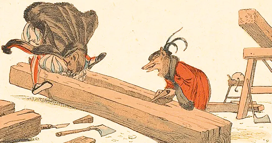 Illustration : un ours et un renard anthropomorphes travaillent le bois, utilisant des outils de menuiserie. Scène des Aventures de Maître Renard (1929).