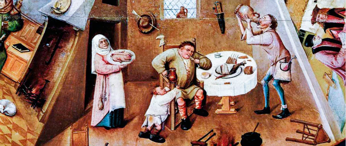 Détail de la peinture 'Les Sept Péchés capitaux' de Jérôme Bosch : scène de gourmandise médiévale, personnages autour d'une table, ambiance surréaliste.
