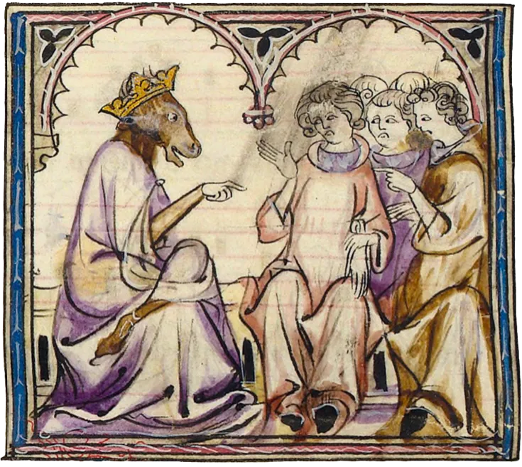 Miniature médiévale : Fauvel, personnage chevalin couronné, dialogue avec trois hommes. Scène du Roman de Fauvel, satire politique.