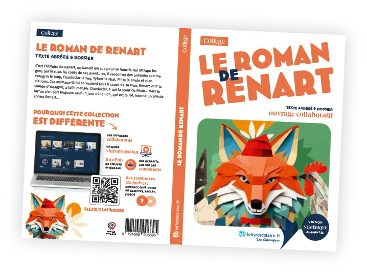 Couverture du livre scolaire &quotLe Roman de Renart", illustrée d'un renard stylisé en papier découpé.