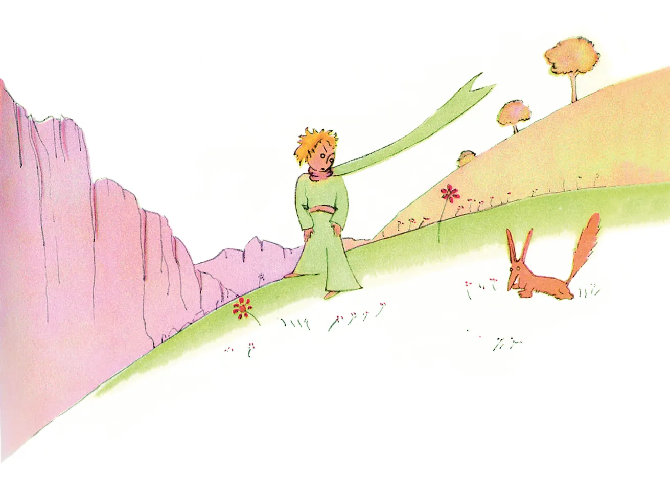 Illustration du Petit Prince marchant sur une colline, un renard à proximité, style aquarelle.