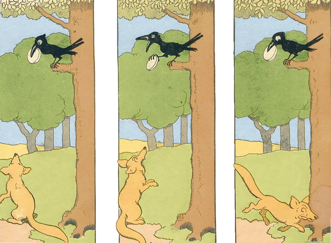 Illustration : le corbeau et le renard. Scène comique en trois parties. Un corbeau perché sur un arbre tient un fromage convoité par un renard rusé.