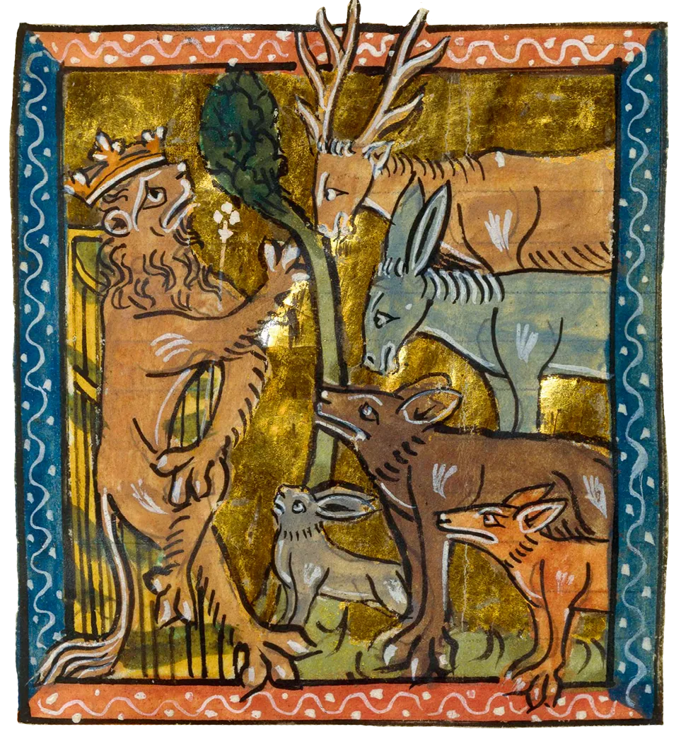 Miniature médiévale : un lion couronné interagissant avec un cerf, un âne, un renard et un lapin. Scène du Roman de Renart.