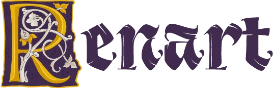 Enluminure médiévale : le mot « Renart » en lettres gothiques, avec un R orné.