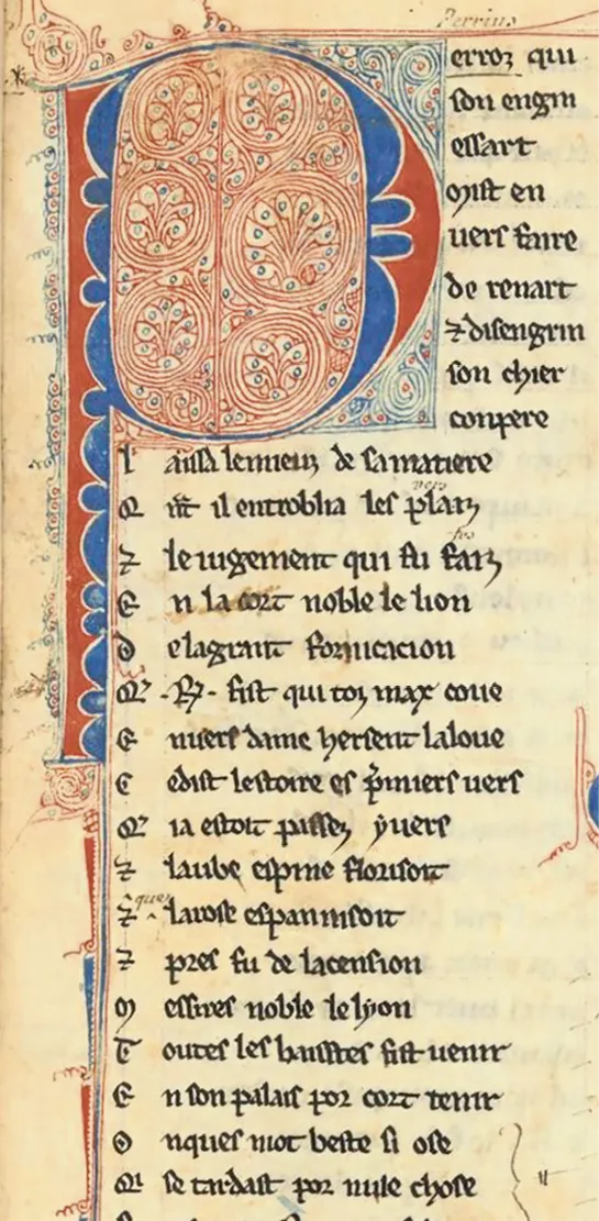 Enluminure médiévale rouge et bleue d'une page du Roman de Renart de Pierre de Saint-Cloud. Texte gothique manuscrit.