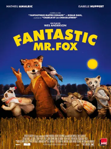 Affiche du film d'animation Fantastic Mr. Fox de Wes Anderson : M. Fox et ses amis animaux courent dans un champ de blé, sacs à dos remplis de butin.