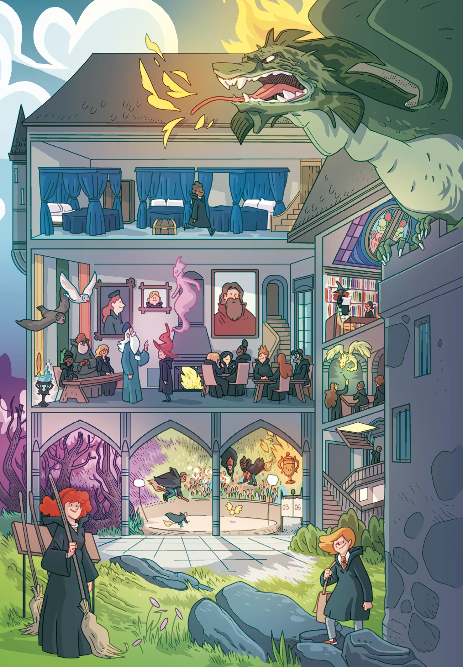 Une école de magie avec des dragons et des sorciers