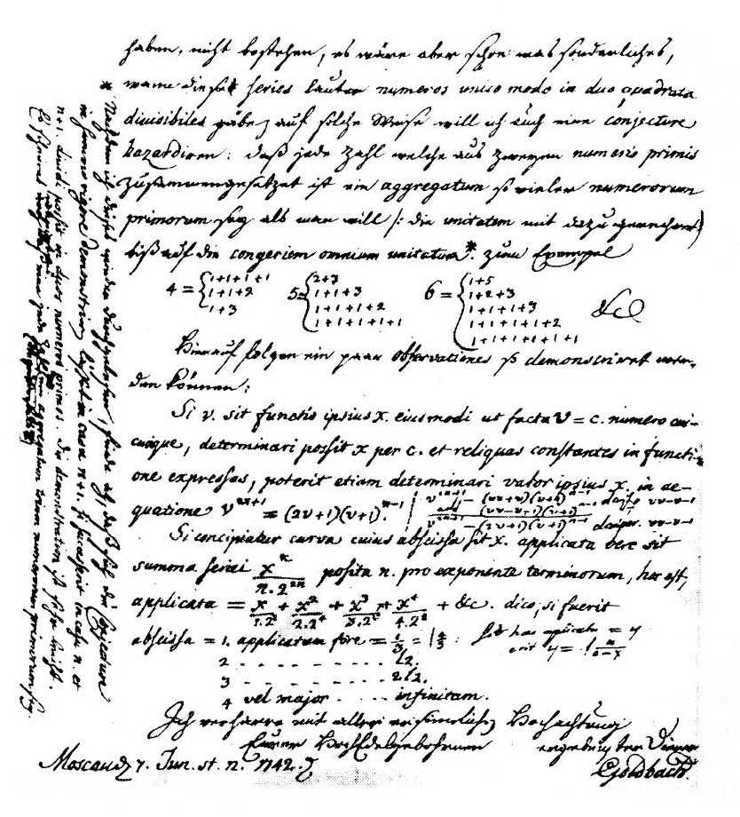Maths expertes - Histoire des mathématiques - Arithmétique - Lettre de Goldbach exposant sa conjecture à Euler