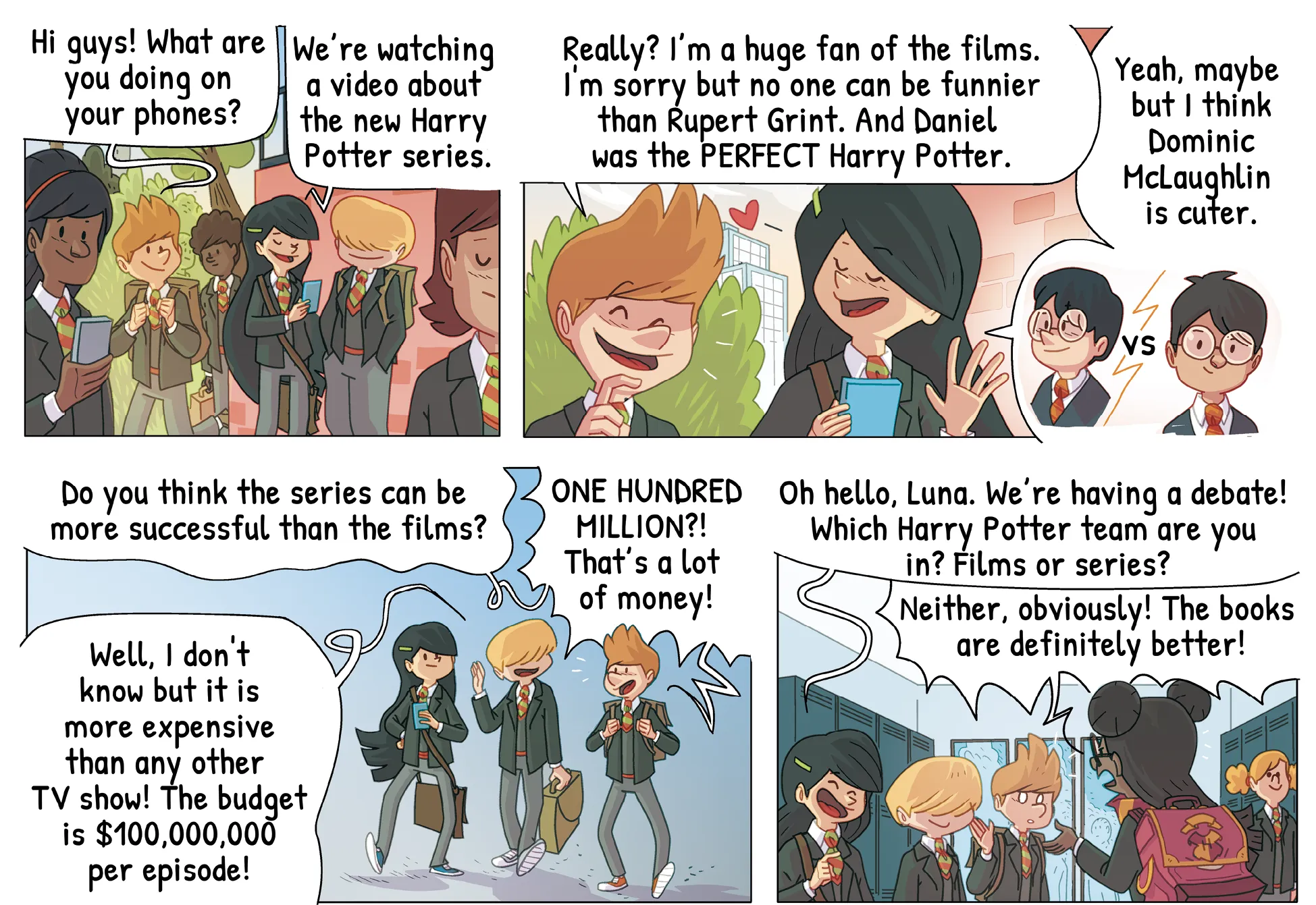 comic page about kids speaking about Harry Potter characters
