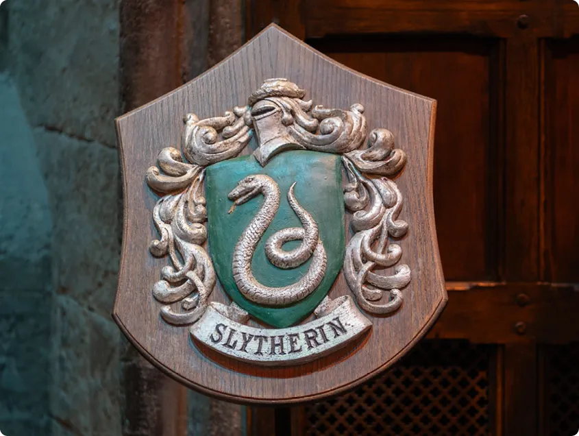 Blason de la maison Serpentard (Slytherin) fixé sur une porte en bois