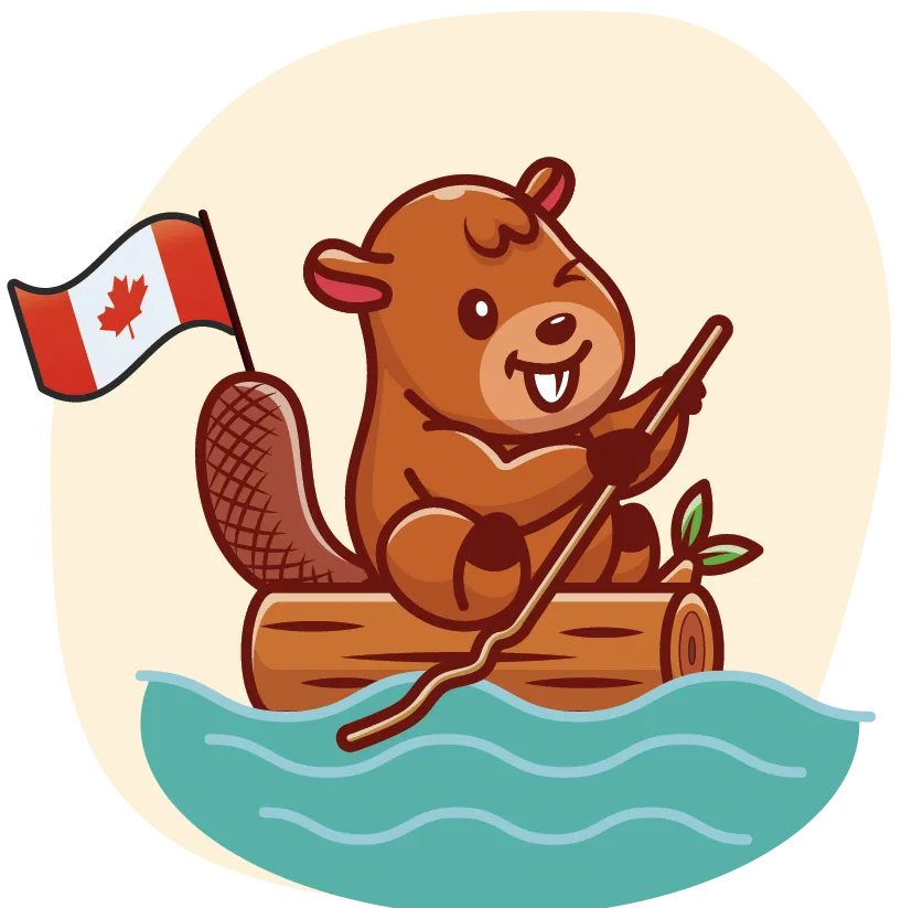 Illustration d'un castor mignon sur un tronc d'arbre flottant sur l'eau, tenant une pagaie, avec un petit drapeau du Canada.