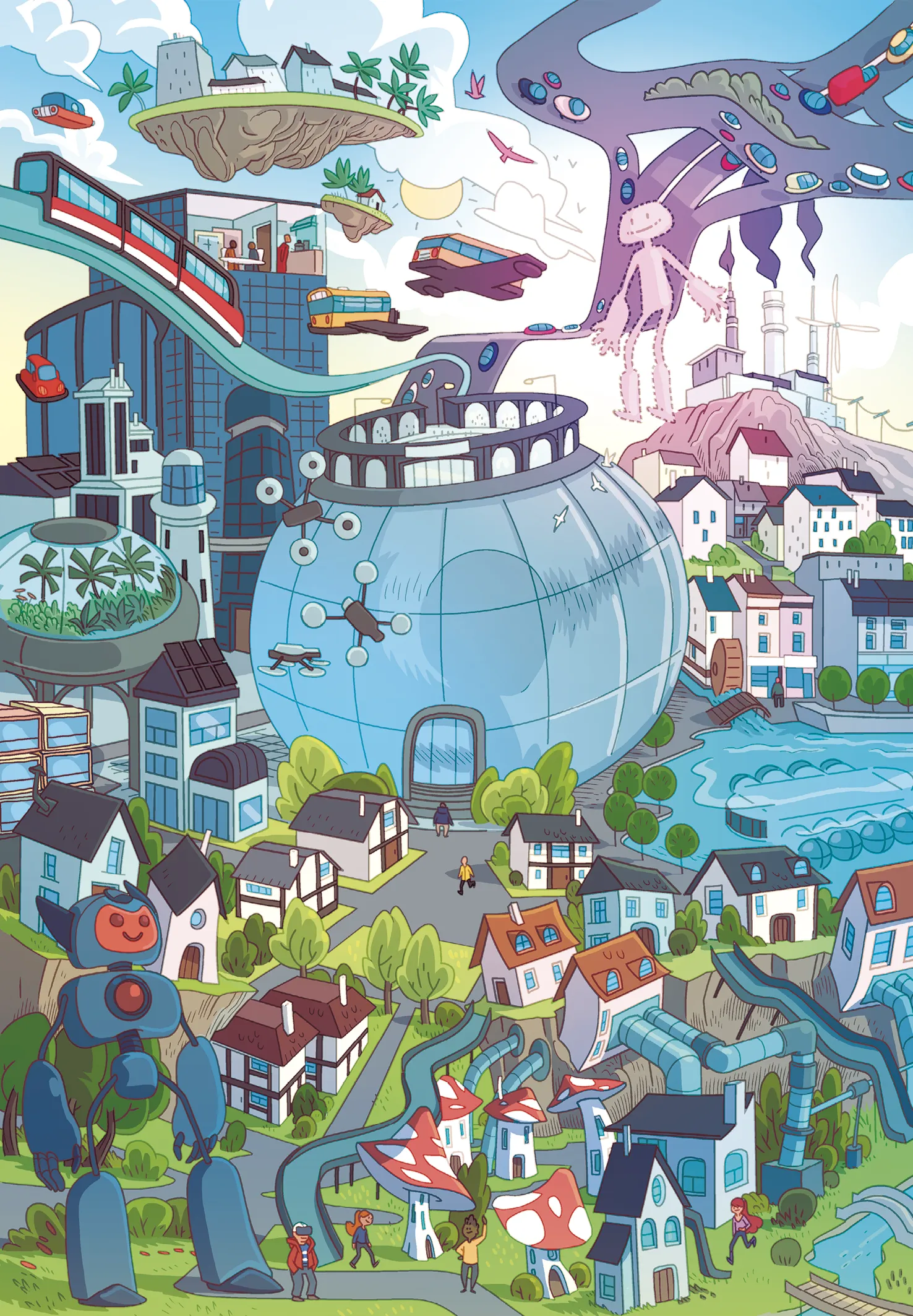 Une illustration d'une ville futuriste avec divers éléments technologiques numérotés