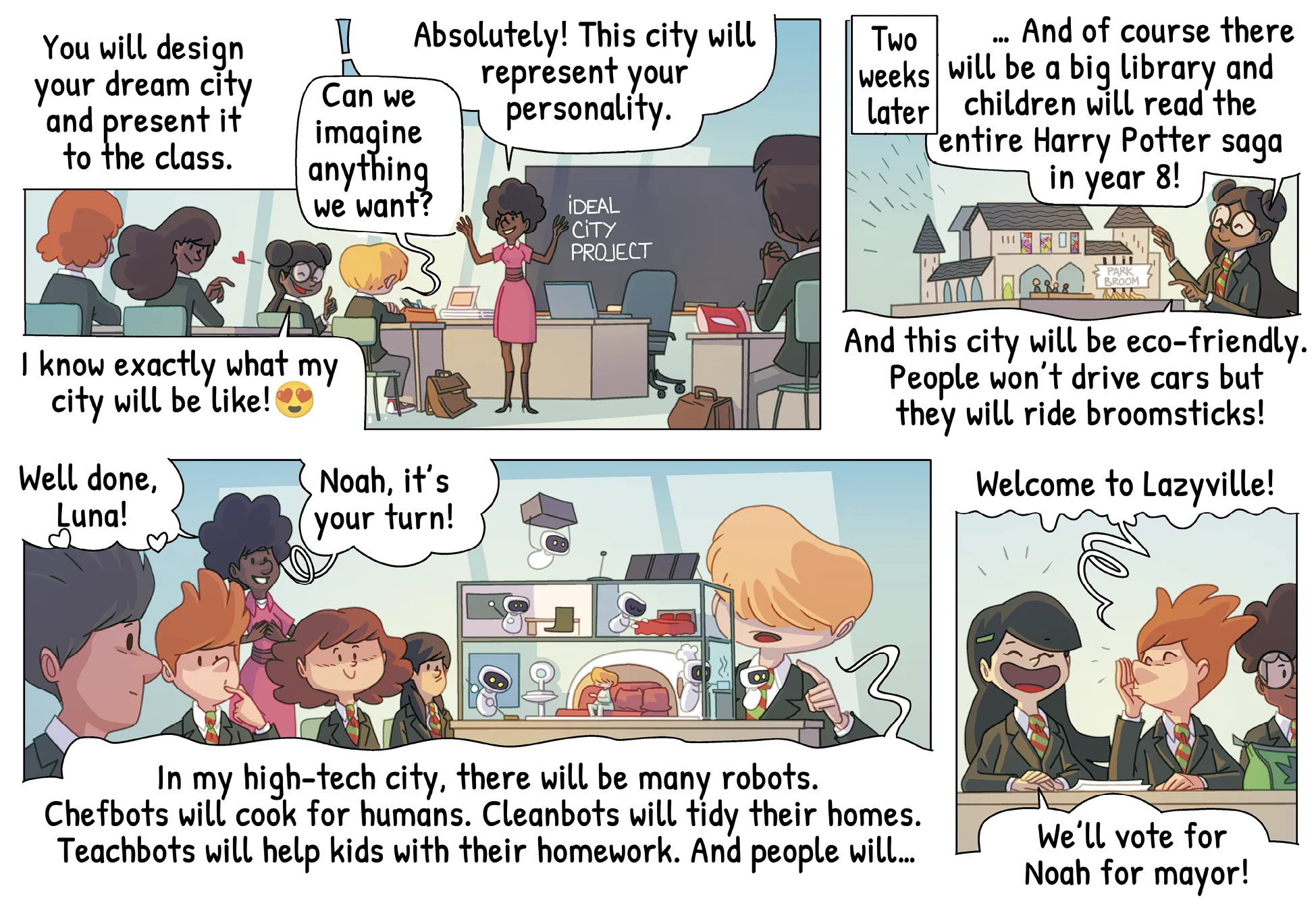comic page about kids describing their dream city