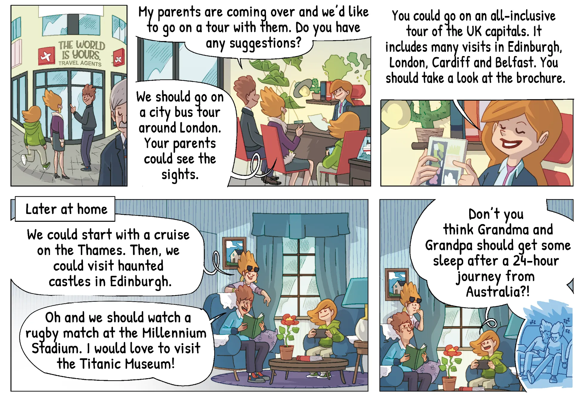 comic page about people organizing a tour of UK capitals
