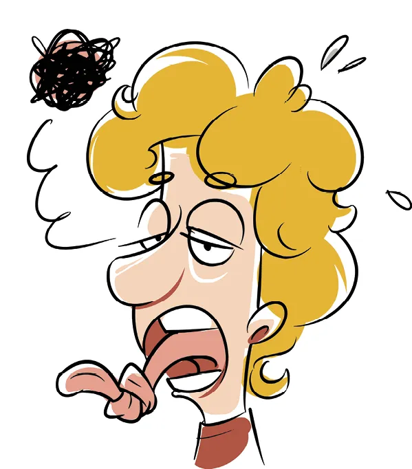 Illustration d'un personnage avec la langue nouée, symbolisant la difficulté des virelangues.