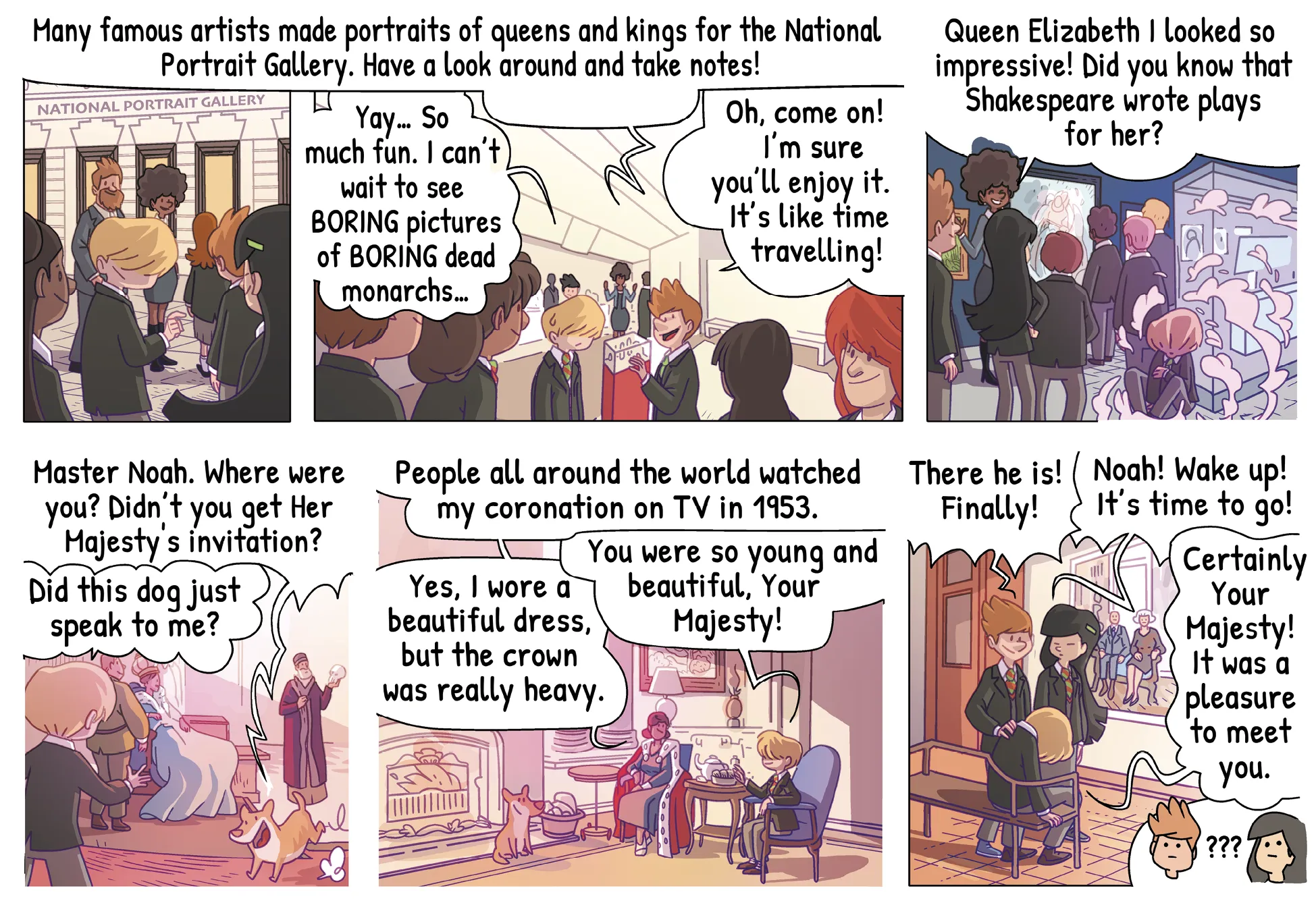 comic page about kids visiting National Portrati Gallery