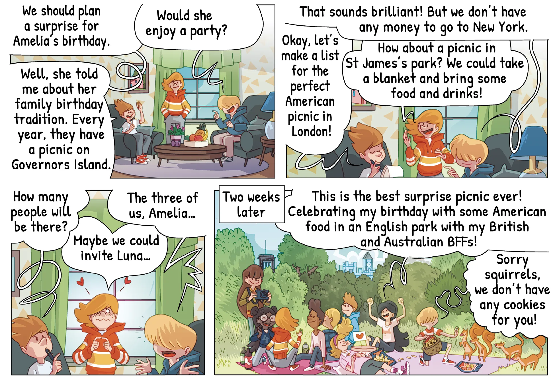 comic page about kids organizing a picnic for Amelia's birthday