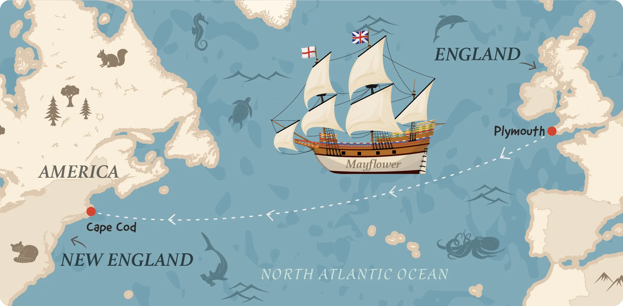 Carte du voyage réalisé par le Mayflower