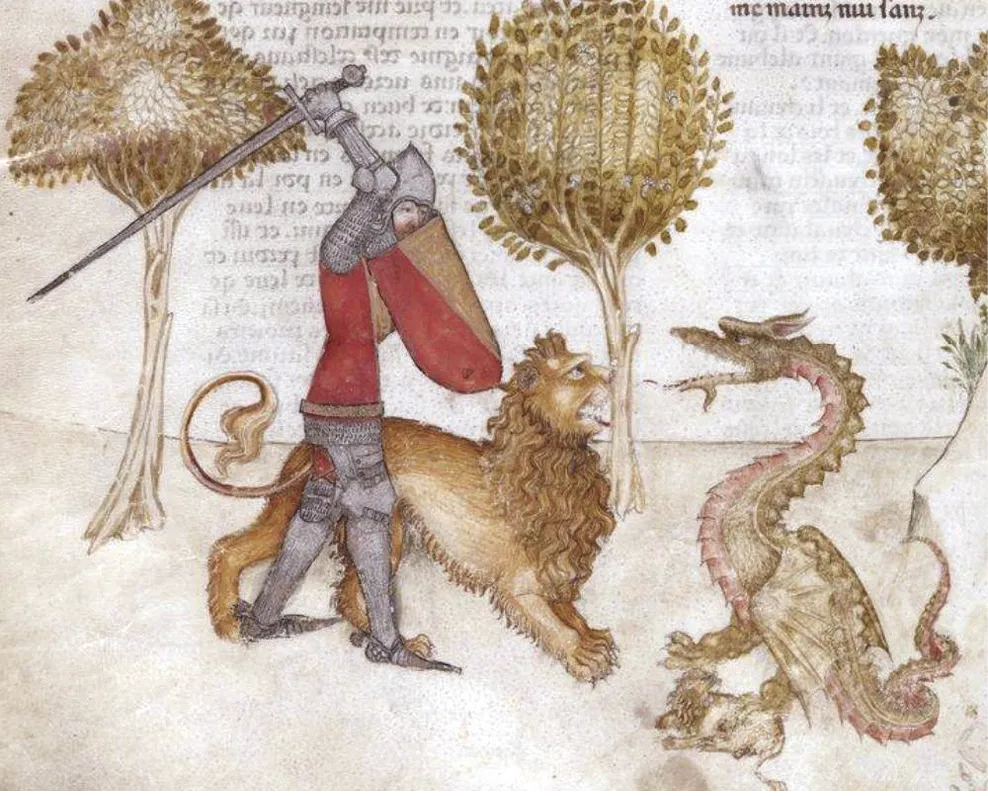 Yvain et son lion combattant un dragon, enluminure italienne.