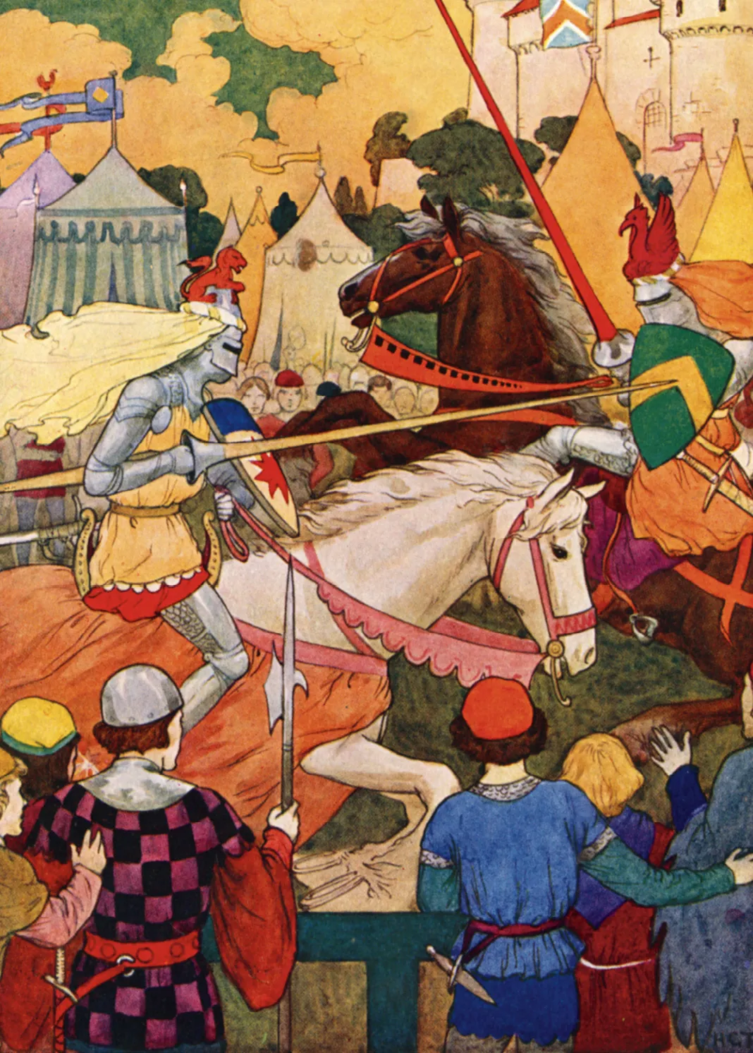 Lithographie en couleurs représentant Le Premier Tournoi de Sir Lancelot