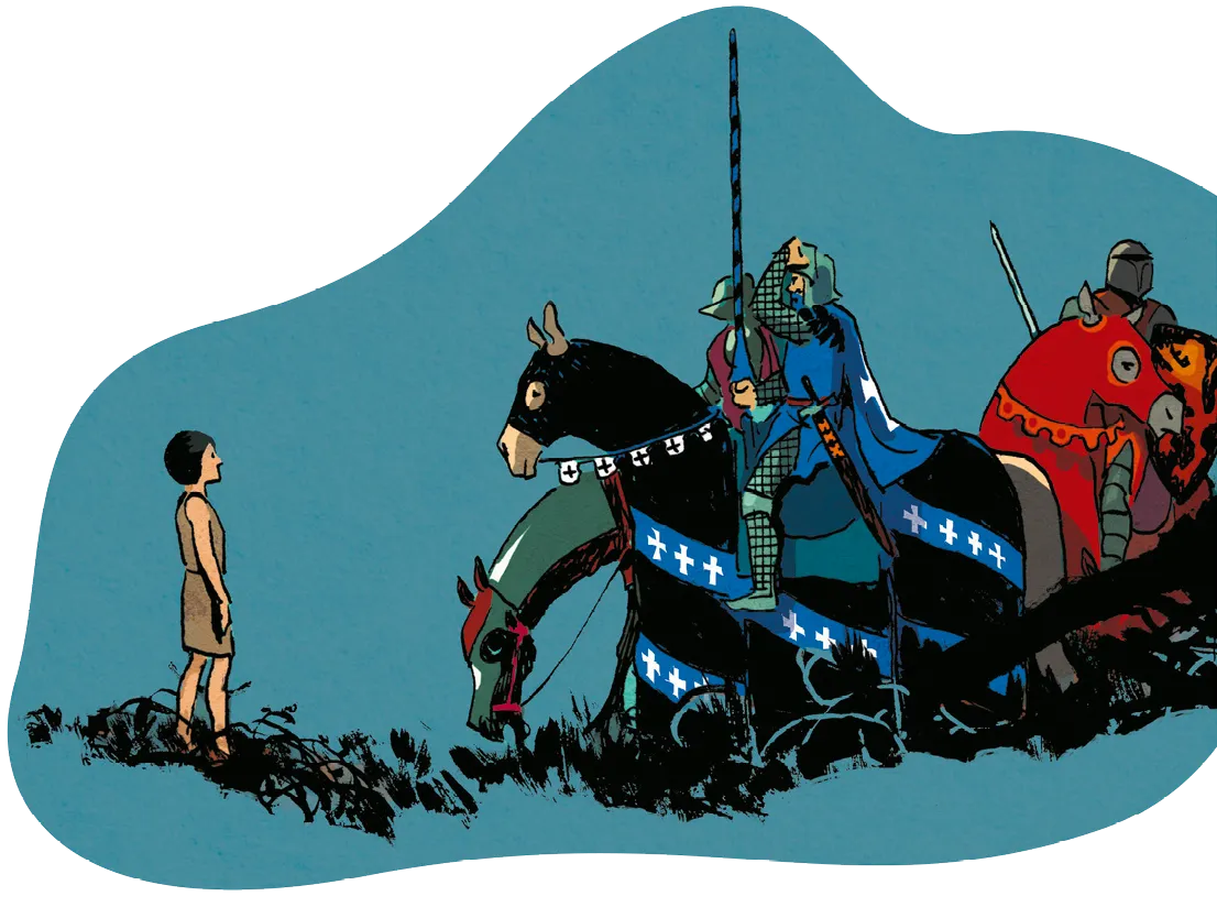 Illustration de Terkel Risbjerg pour Perceval d'Anne-Caroline Pandolfo représentant des chevaliers face à un jeune garçon