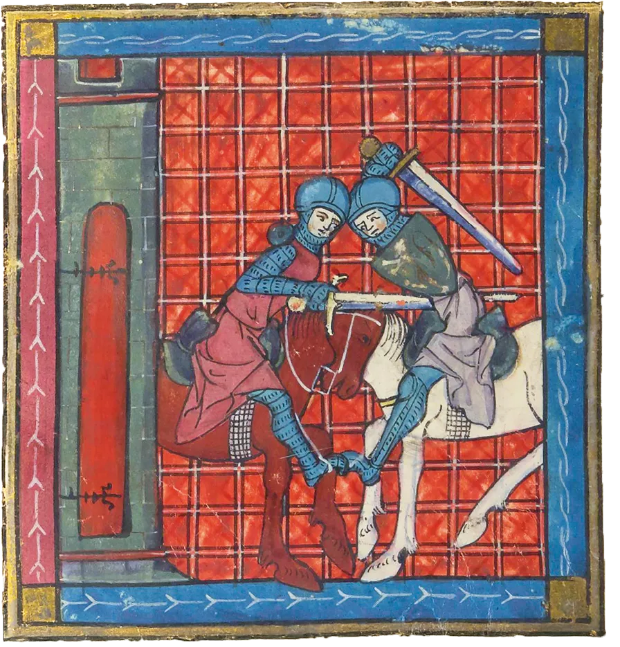 Miniature anonyme montrant deux chevaliers en armure combattant à l'épée sur leurs chevaux, issue de Perceval le Gallois et Continuations de Chrétien de Troyes