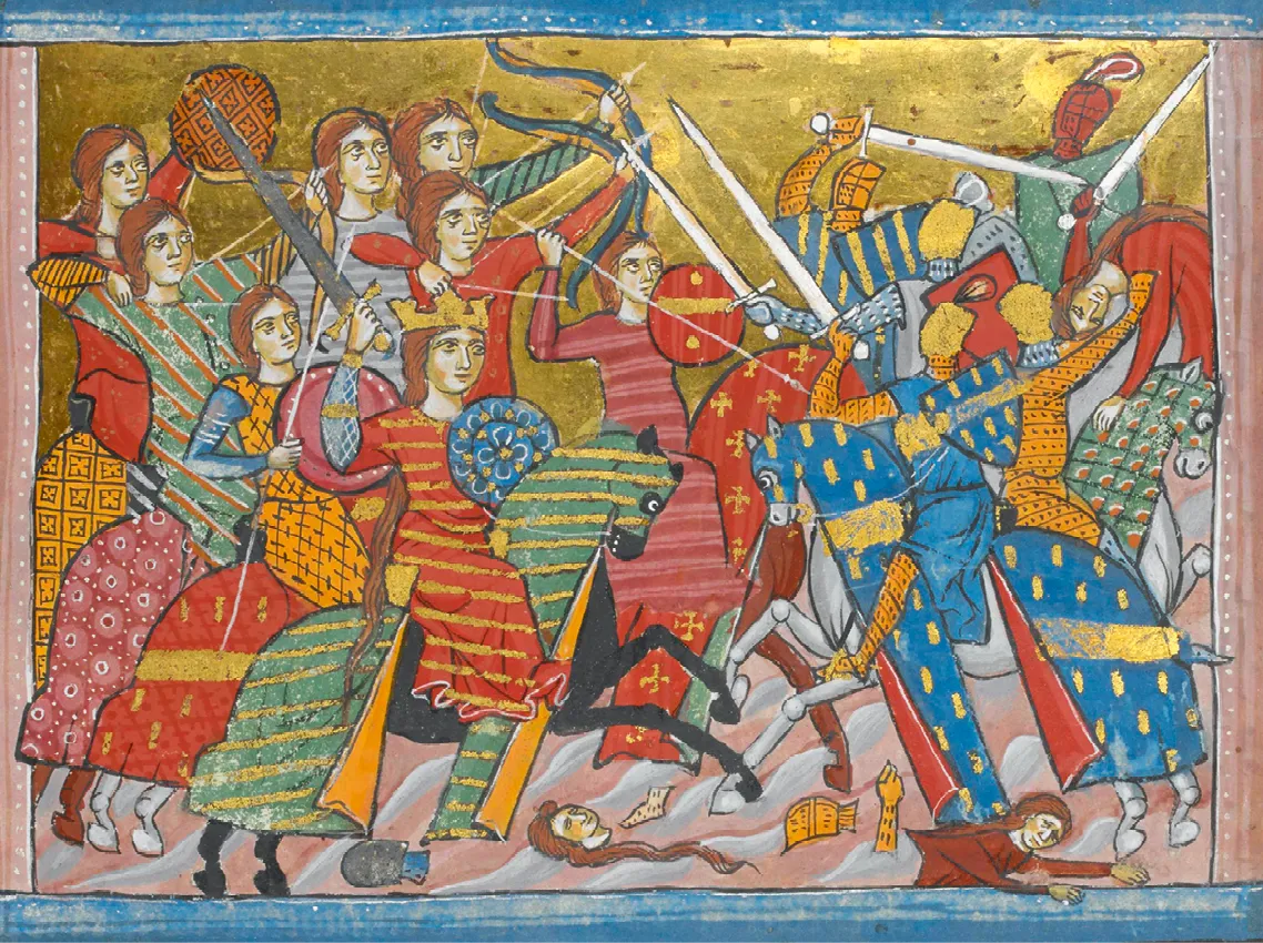 Miniature représentant le combat entre les Amazones, avec à leur tête Penthésilée, et les Grecs, menés par Achille, Le Livre des anciennes histoires, vers 1285.